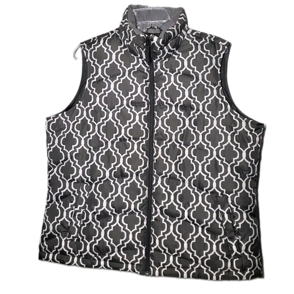 Lands End Womens Sz Large Black And White Down Puffer Vest Geometric Quatrefoil